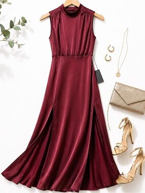 Lulus Burgundy Satin Mock Neck Maxi Dress NWT Double Slit Formal Gown